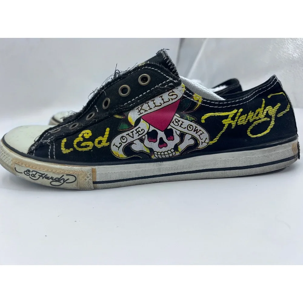 Ed Hardy Womens Love Kills Slowly Black Canvas Slip On Tattoo Sneakers Size 10